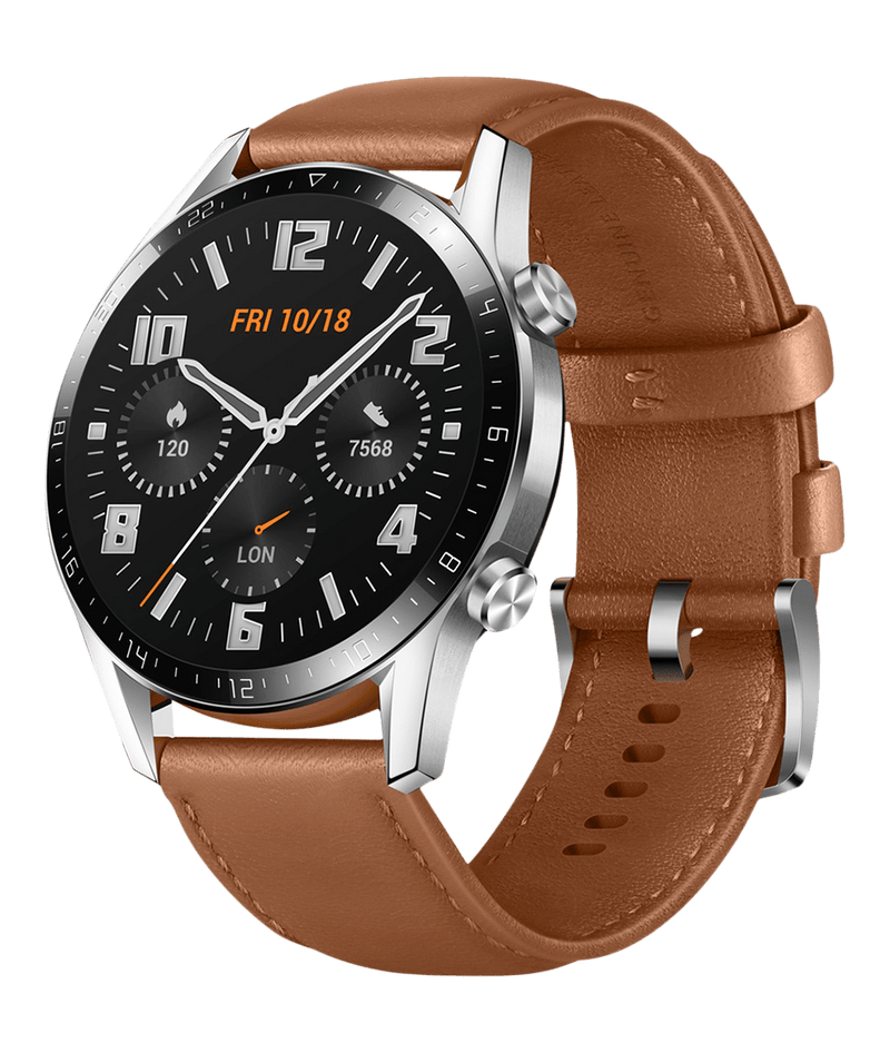 Huawei Watch GT i rostfritt stål med brunt läderband