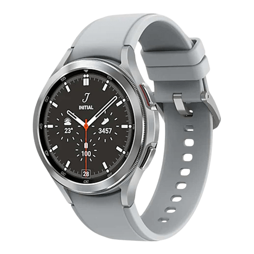 Samsung Galaxy Watch 4 Classic i silver och med grått band